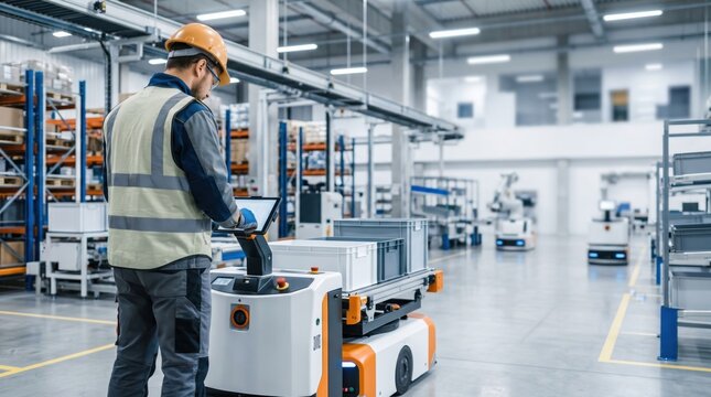 Warehouse worker operating autonomous mobile robot with control panel in logistics center, supply chain management and automated storage retrieval system concept for distribution