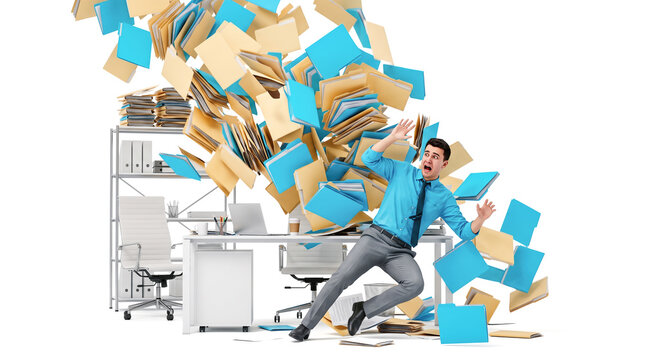 Stressed overwhelmed corporate business employee falling backwards escaping massive dangerous avalanche of flying paper folders dropping rapidly down inside bright modern office workplace