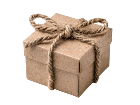 Small rustic cardboard gift box tied with natural twine rope isolated on transparent background for holidays