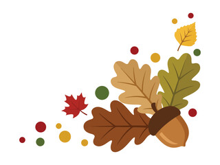 Decorative autumn corner frame with colorful oak leaves and a brown acorn nut illustration © azad