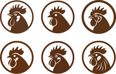 Obraz premium Collection of vector rooster head logos inside circle frames for poultry farm branding and organic food business identity