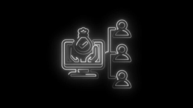Neon outline icon showing hands holding money bag on computer screen with checkmark connected to