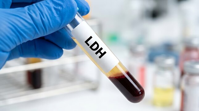 Medical wearing blue gloves holding a glass test tube containing a sample labeled ldh for clinical laboratory diagnostic testing