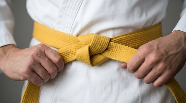 Martial artist wearing a white karate uniform tying a yellow belt around their waist to represent progress and skill level in a dojo environment