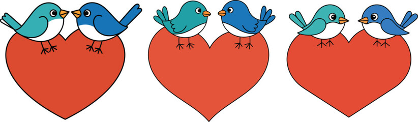Fototapeta premium Cute cartoon bluebird couple set sitting on red hearts isolated on white background for Valentines Day greeting cards