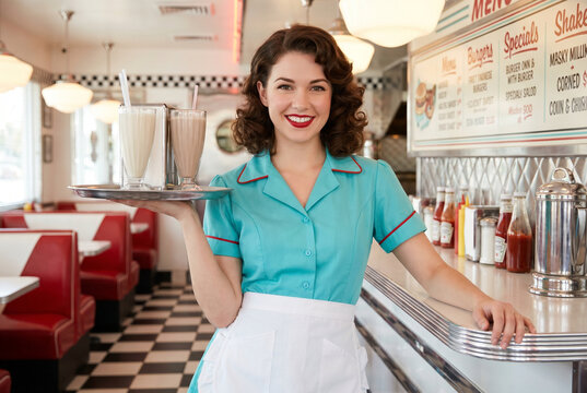 Retro diner waitress smiling while holding tray of drinks in caf&eacute;  