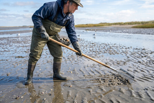 Man raking clams in muddy tidal flat environment during low tide  