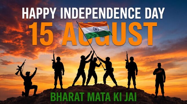 Indian Independence Day 15 August celebration banner, silhouette of soldiers holding national flag at sunset, patriotic Bharat Mata Ki Jai background