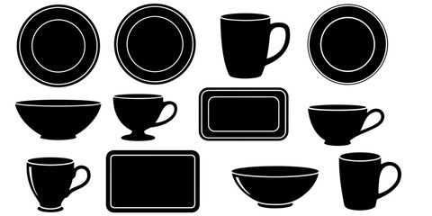 Obraz premium Kitchen tableware icon collection including plate, bowl, mugs, cup, tray, and glass silhouettesfor restaurant, dining, household, catering, and menu design