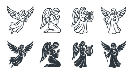 Fototapeta premium Collection of guardian angel icons in linear and silhouette style with guardian spiritual religious christian