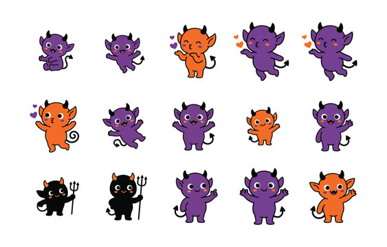 Collection of cute little devil characters in purple and orange, featuring various poses and expressions, isolated on a white background