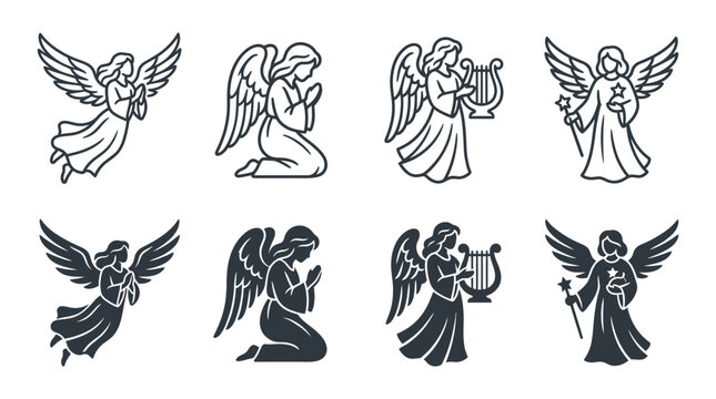 Collection of guardian angel icons in linear and silhouette style with guardian spiritual religious christian