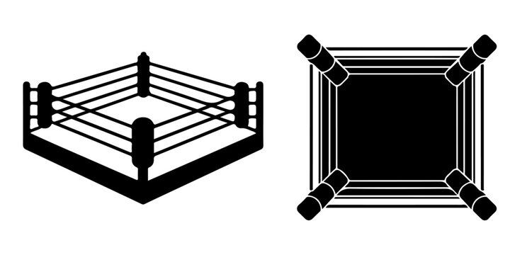 
Boxing ring silhouette icons showing perspective and top view d for combat sports, arena, championship, training, martial arts, and competition design