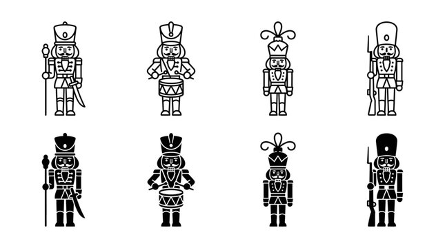 Nutcracker soldier christmas decoration set silhouette and line art icon collection with nutcracker christmas isolated