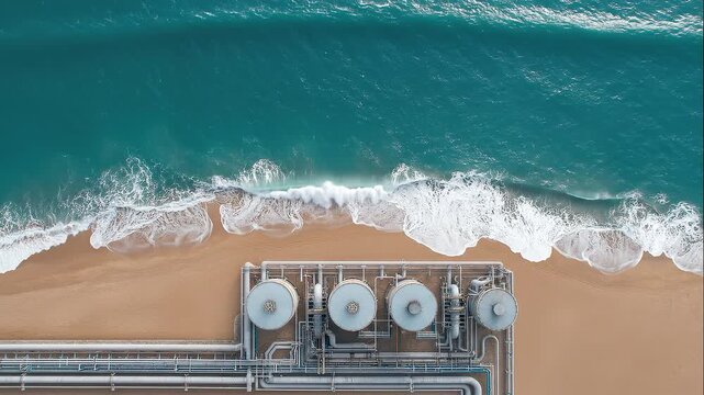 Aerial view of industrial coastal structure with round tanks and piping system on sandy beach with turquoise ocean waves breaking on shore