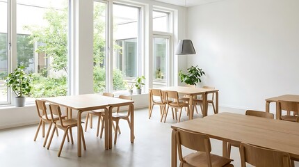Fototapeta premium Bright modern interior with wooden tables and chairs near large windows
