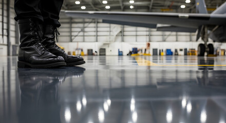 Obraz premium Black Military Boots Positioned on a Shiny Floor Inside an Aircraft Hangar with Visible Aircraft in the Background in a Modern Aviation Environment
