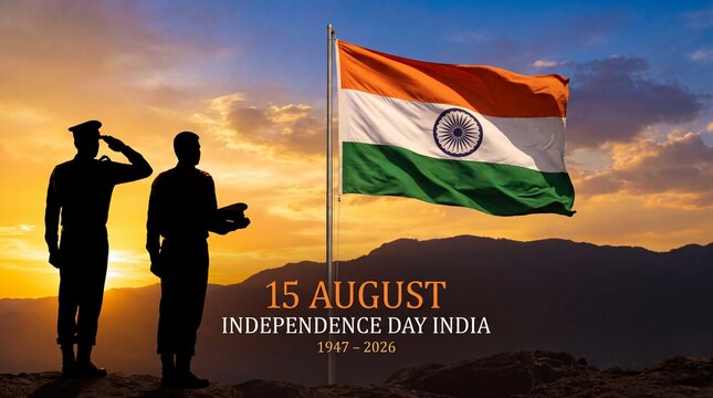 Indian Independence Day 15 August celebration, silhouette of soldiers saluting national flag, patriotic sunset landscape with tricolor