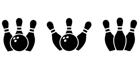 Fototapeta premium Bowling icon set featuring pins and bowling ball silhouettes in multiple arrangements isolated on white background for sports, recreation, game, competition, and vector design concepts