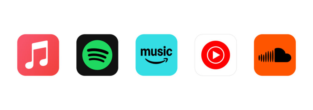 Most popular Music streaming & podcast services Applications icons collection 2026. Apple music, Spotify, Amazon music, YouTube music, Sound cloud. vector logos
