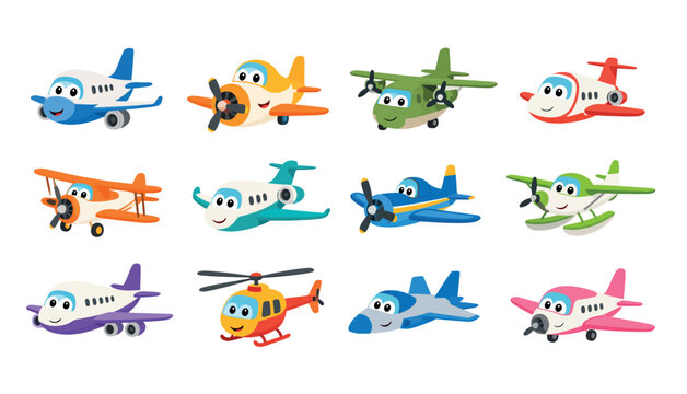 Colorful cartoon airplanes and helicopters.