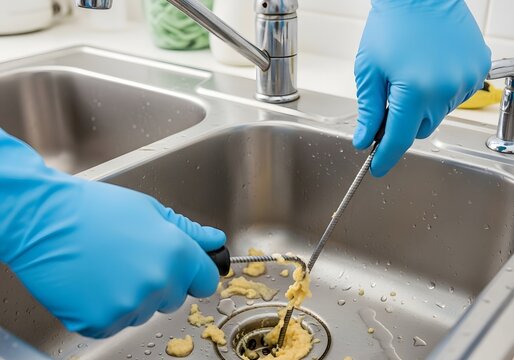 Clearing a clogged kitchen sink drain with a metal cleaning tool.