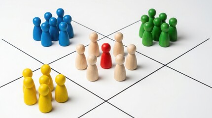 Obraz premium Wooden figures arranged in groups on a white surface with grid lines