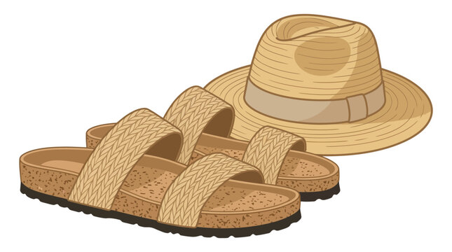 Brown sandals and straw hat combination.