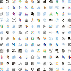 Fototapeta premium Diverse collection of business, technology, finance, travel, and health icons illustrating various concepts, services, and digital processes in a large vibrant set