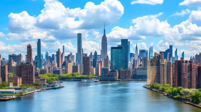 NYC Skyline Over River, Sunny Day, Cityscape, Background View, Stock Photo