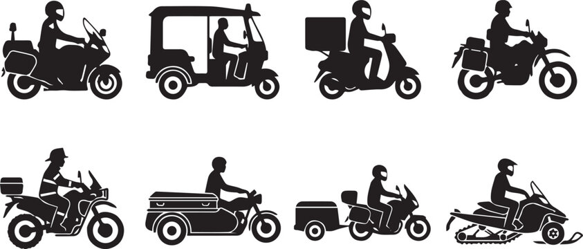 Black silhouette collection of delivery scooters, utility motorcycles, auto rickshaw, and snowmobile with riders vector illustration
