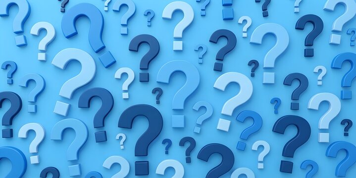 Many blue question marks of different sizes and shades scattered on a vibrant light blue background pattern