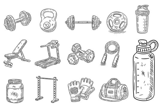 Hand Drawn Fitness Equipment Doodle Icon Set with Dumbbells Kettlebell Barbell Weight Plate Bench Treadmill Gym Accessories and Workout Gear Vector Collection