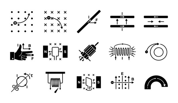 Physics electromagnetism icons set, 15 black vector symbols of magnetic fields and electric force, educational science diagrams for textbooks