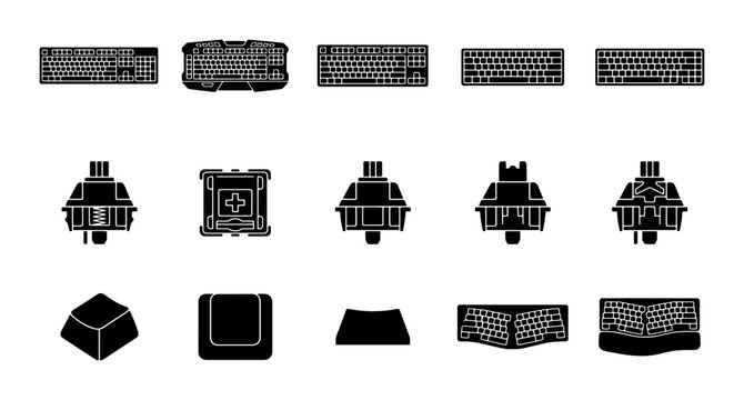 Mechanical keyboard icons set, black silhouette computer peripheral symbols, 15 gaming hardware vector elements for custom pc building