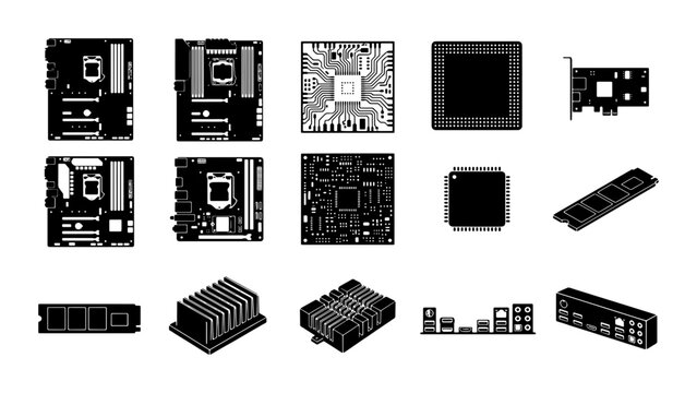 Computer hardware component icons set, black silhouette motherboard and processor vector, 15 electronic part symbols for pc building