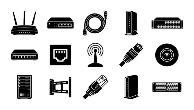 Network hardware icon set with 15 black vector elements, internet router and modem symbols, ethernet cable and server hardware icons