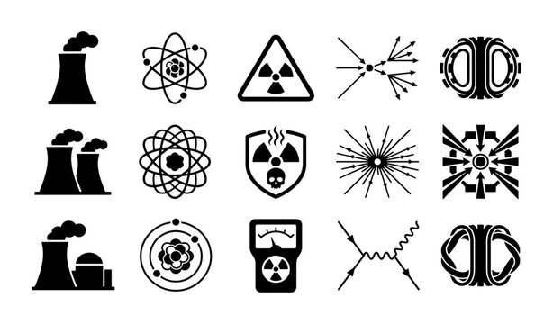 Nuclear energy icons set, 15 atomic power and physics vector symbols, radioactive warning and fusion reactor graphics for industrial infographics