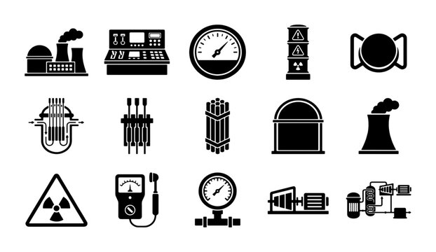 Nuclear power plant icons set, industrial energy station symbols, atomic reactor and radiation warning signs, 15 black vector illustrations