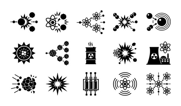 Nuclear energy icons set, atomic physics and radioactive power symbols, 15 black vector elements for science and industrial design