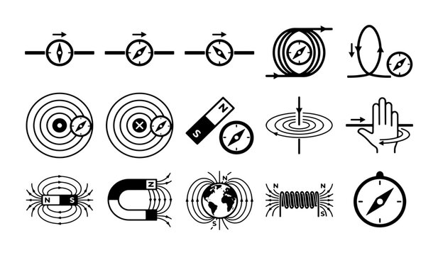 Physics magnetism icons set, 15 electromagnetic field vector diagrams, magnetic force and compass symbols for science education and textbooks