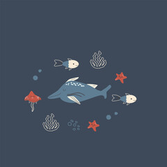 Cute narwhal and jellyfish, starfish and tropical fish doodle composition. Kids print with sea animals and creatures. Cartoon doodle vector illustration isolated on dark background. © ZhumaStudio