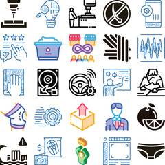 Obraz premium Collection of various science, technology, engineering, and digital innovation icons representing concepts like manufacturing, data, communication, and development