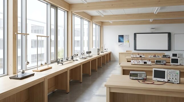 Modern science classroom interior with electronics equipment and large windows