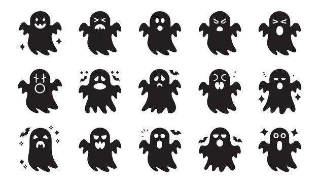 Collection of black ghost silhouettes with various facial expressions and emotions isolated on a white background for halloween graphic design proj...