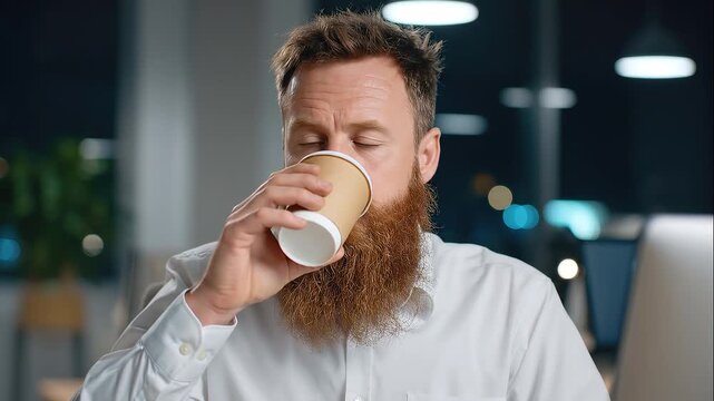 Tired bearded man in white shirt sitting at desk with closed eyes taking a break holding coffee cup in modern office with blurred background and computer monitor