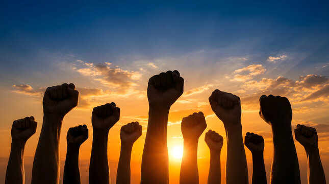 Group of people raising their fists in protest against a beautiful sunset sky with clouds representing unity and power