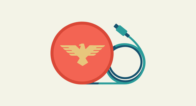 Red circular badge with golden eagle emblem and USB cable.