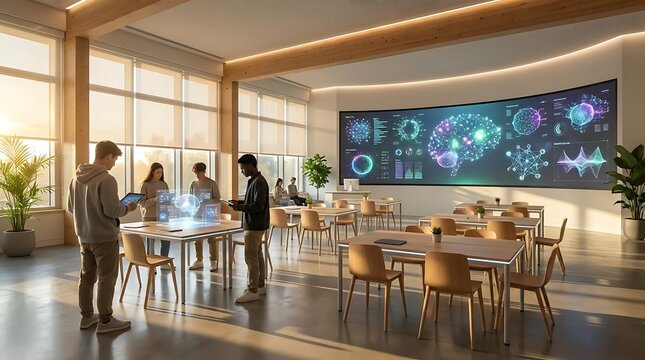 Modern classroom with holographic display and students learning