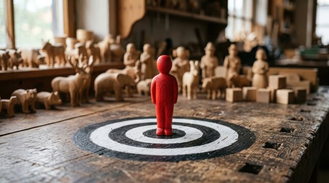 Red wooden figure standing on a target painted on a rustic workshop table